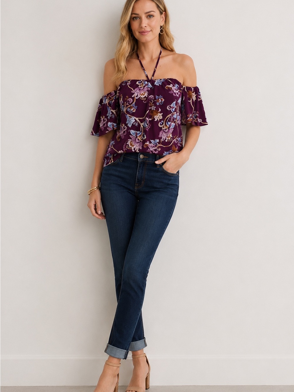 White House Black Market Plum Floral halter top